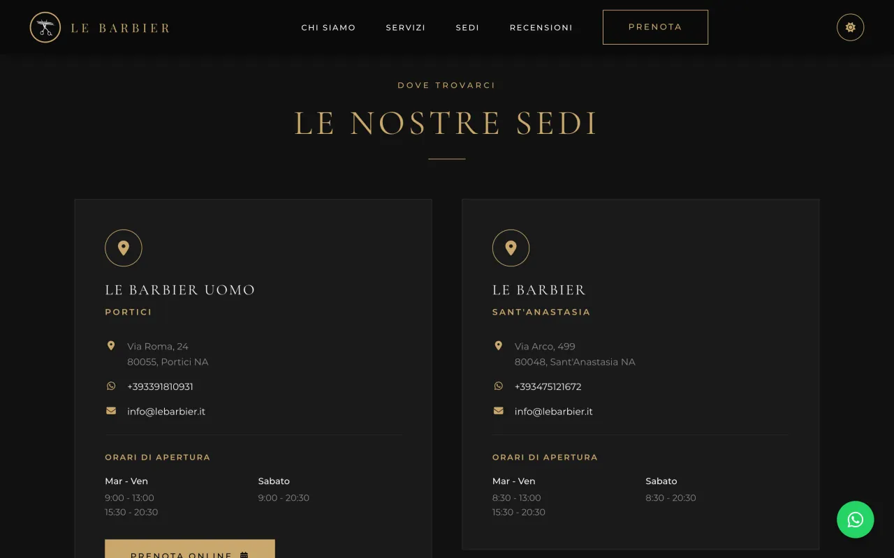 Le Barbier — le due sedi, ognuna con i propri orari, il proprio numero e la propria prenotazione